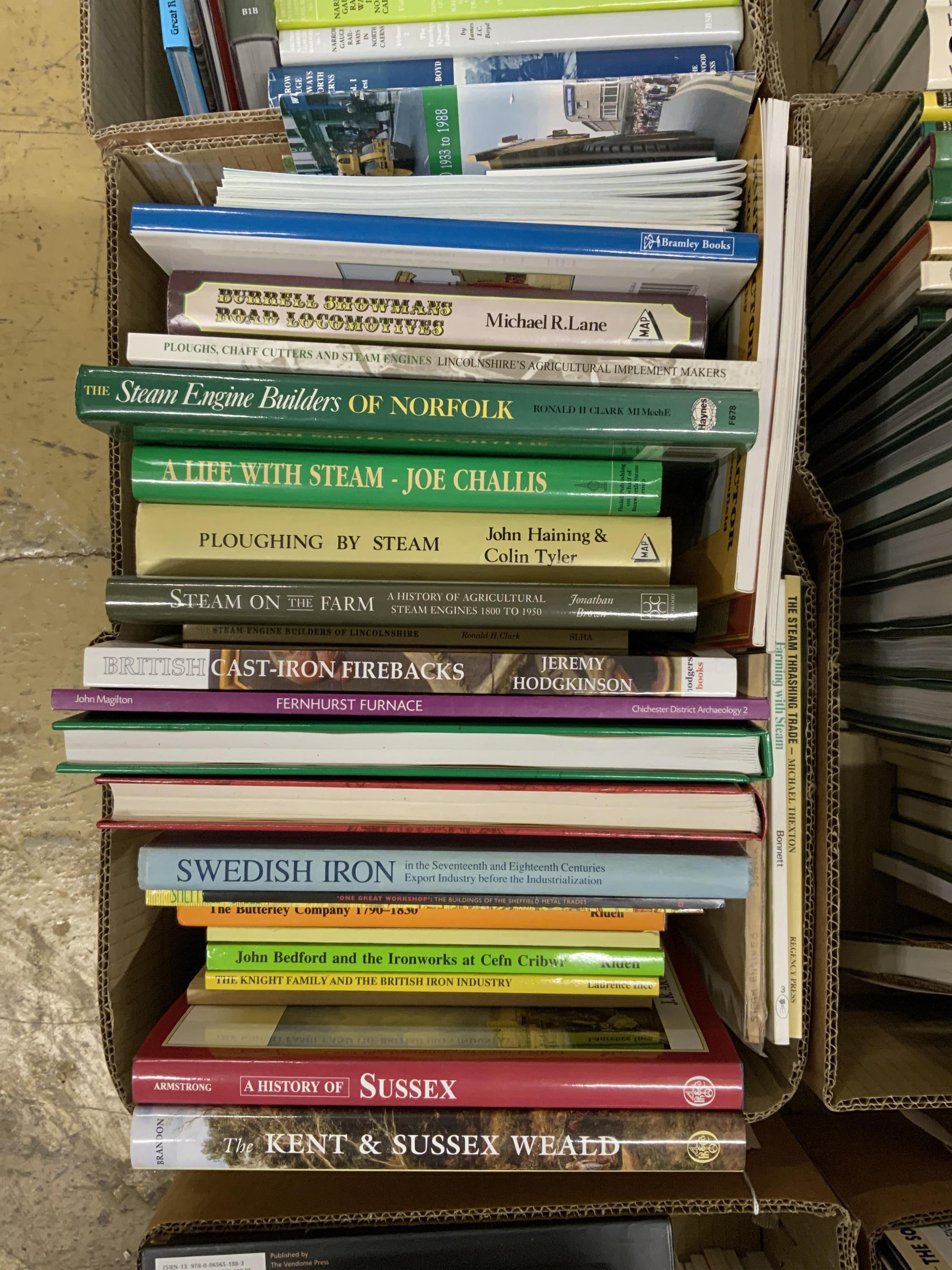 Eight boxes of railway related books, subjects include; the Great Western Railway, industrial locomotives, North British Railway, the Ffestiniog Railway, etc. publishers include; Oakwood Press, Pen & Sword, Ian Allan, Da